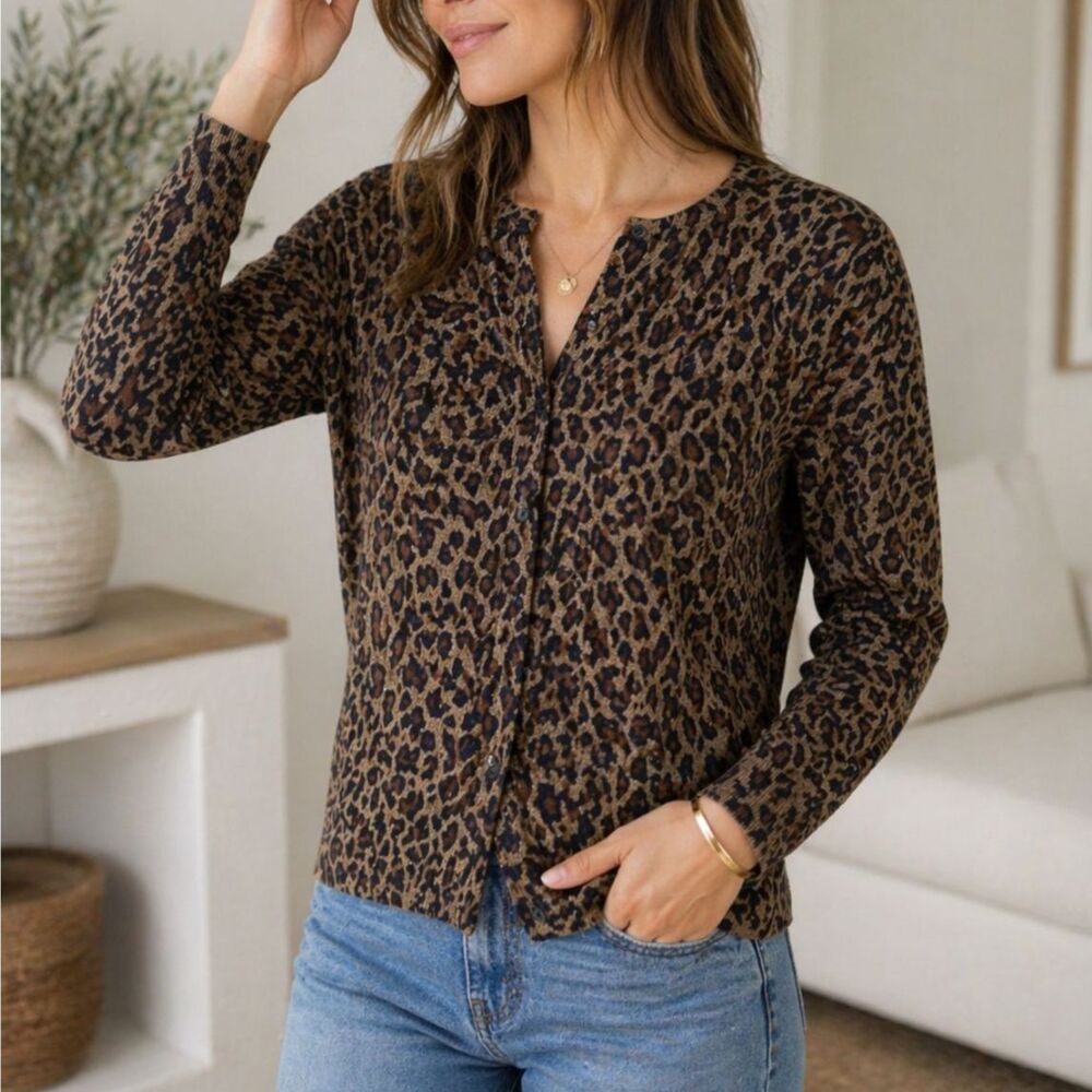Lauren Ralph Lauren Silk Blend Leopard Print Cardigan Sweater L Quiet Luxury